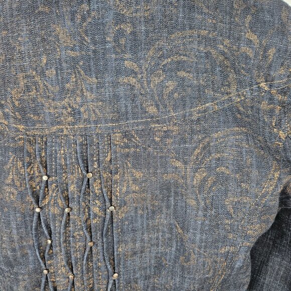 Coldwater Creek Jacket Size 16 Pintucked Blue Denim Snap Front Metallic Gold - Picture 4 of 11